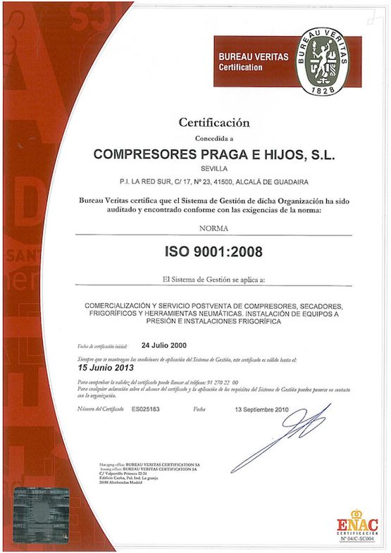 Compresores Praga e Hijos Certificado de Calidad ISO 9001